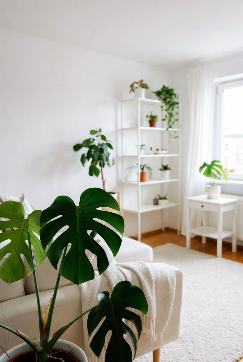 Living room plant arrangement with mixed heights and soft green tones