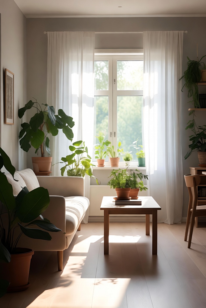 Minimal windowsill plant arrangement with slender foliage in pale ceramic pots