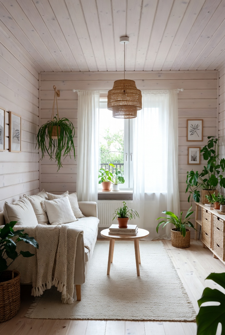 Narrow windowsill with trailing vine and upright foliage in coordinated pots