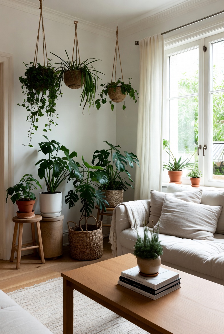 Natural fibre basket with plant arrangement showing texture detail