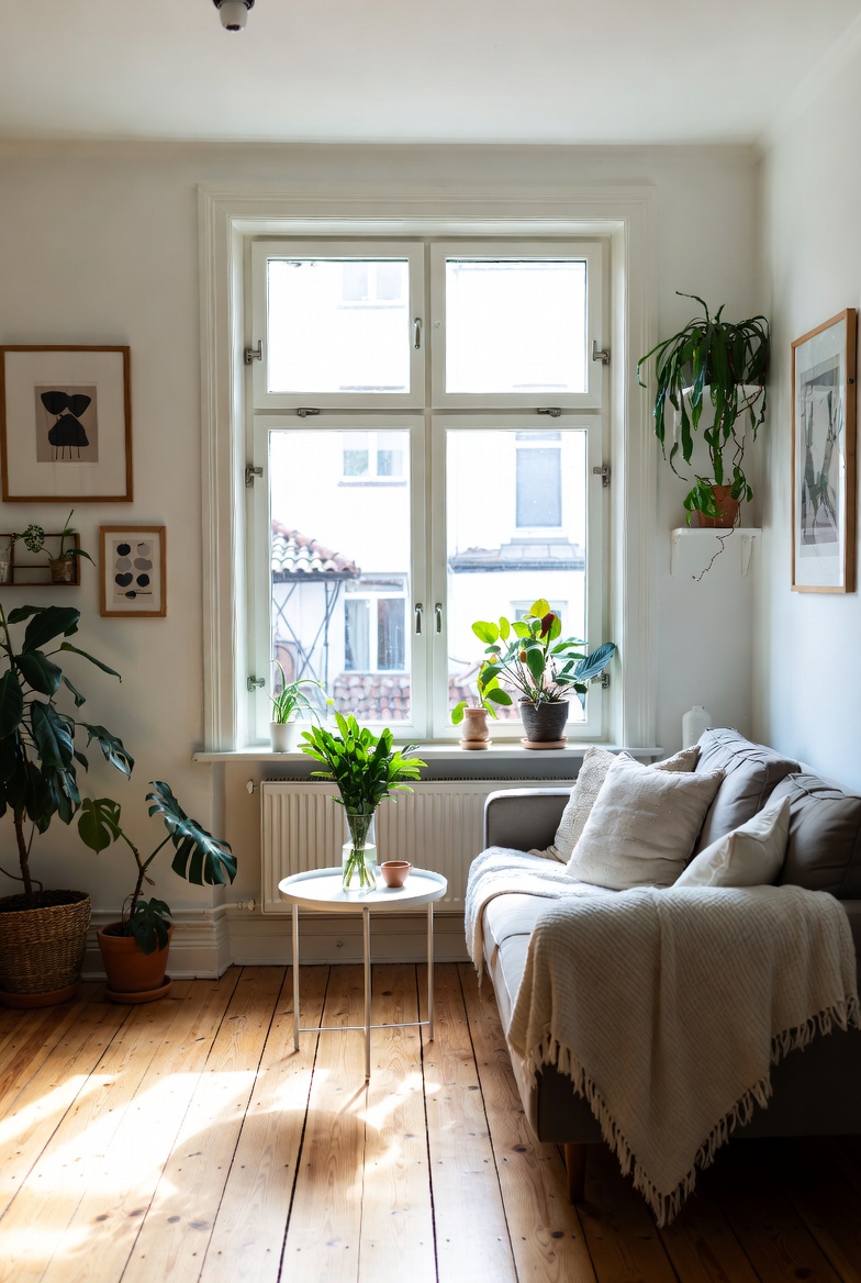 Scandinavian living room with soft green plants beside a pale sofa