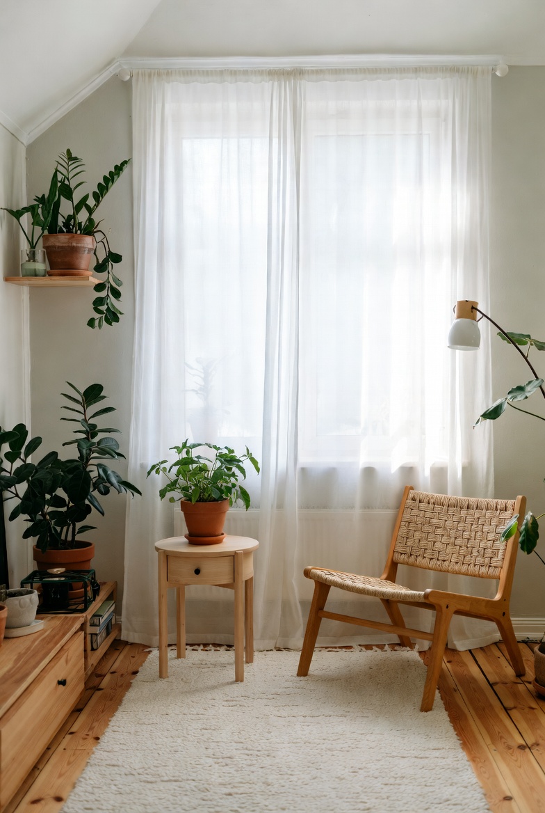 Studio workspace with plant sketches and ceramic samples arranged on a light wood table