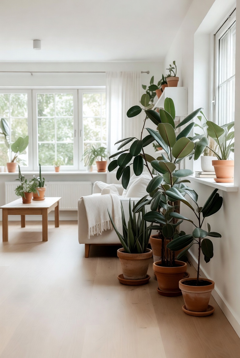 Cohesive plant arrangement across multiple rooms with repeating tones